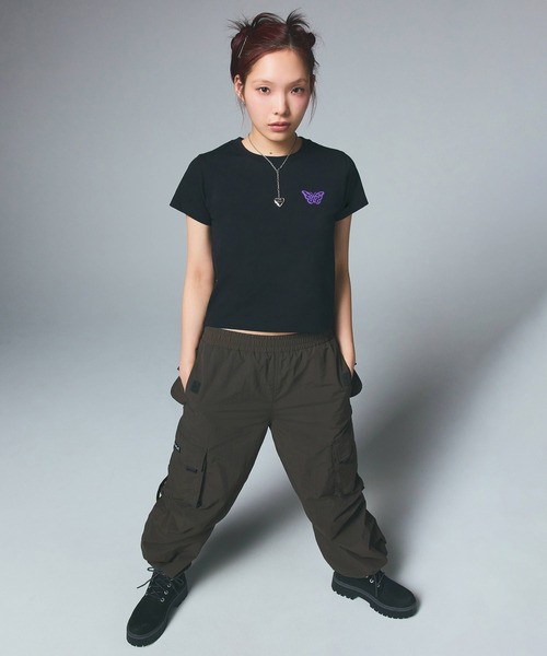 X-girl tシャツ LOGO AND BUTTERFLY 2P S/S BABY TEE レディース