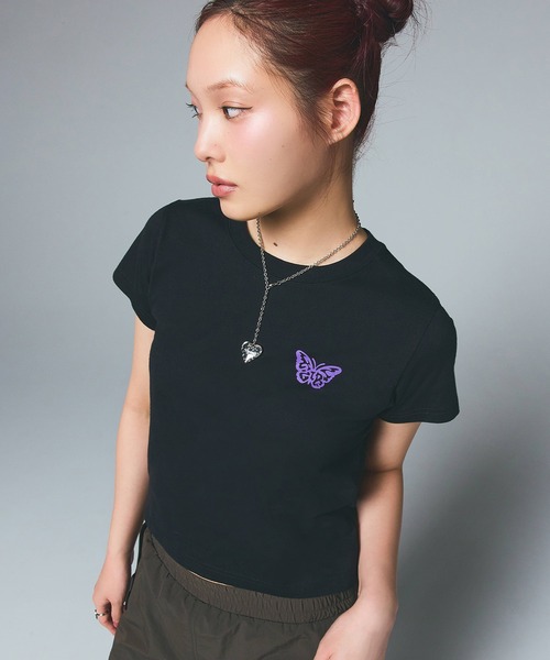 すぐ届く☆X-girl 半袖Tシャツ バタフライロゴ 存在感◎ エックスガール X-girl バタフライシルエットロゴ ショート