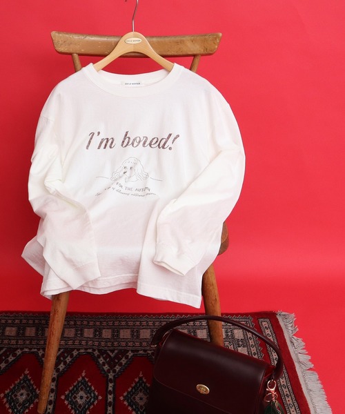 tシャツ 16/-天竺 秋を待つ犬プリント ロンＴ レディース