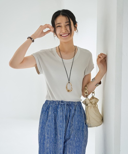 tシャツ シャリ感とろみリブシアーニットトップス レディース