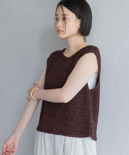AKTE アクテ クロスオーバーアンサンブルセーター ノースリーブ付 モカ A part by ニット セーター アセテープニットノースリーブ