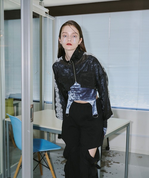 Ans Dotsloevner　ショルダーパット入りベロアジップアップブルゾン セール】ビッグシルエットドロップショルダーショートモッズブルゾンM