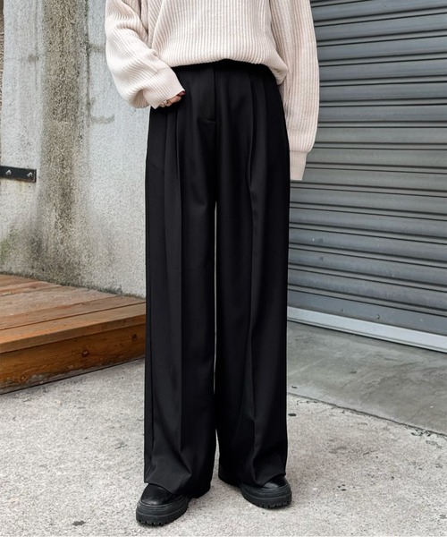 LE MORE スラックス パンツ ダブルタックワイドスラックス レディース