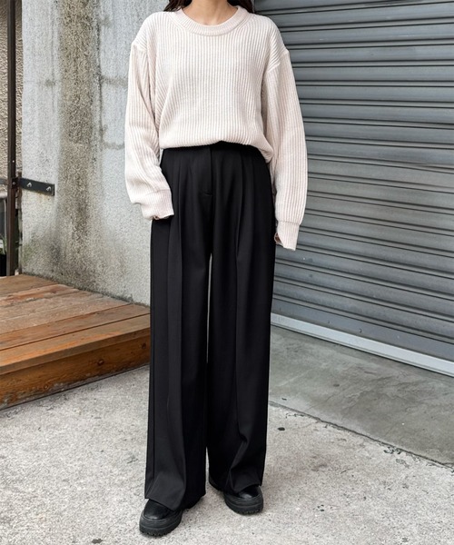 LE MORE スラックス パンツ ダブルタックワイドスラックス レディース
