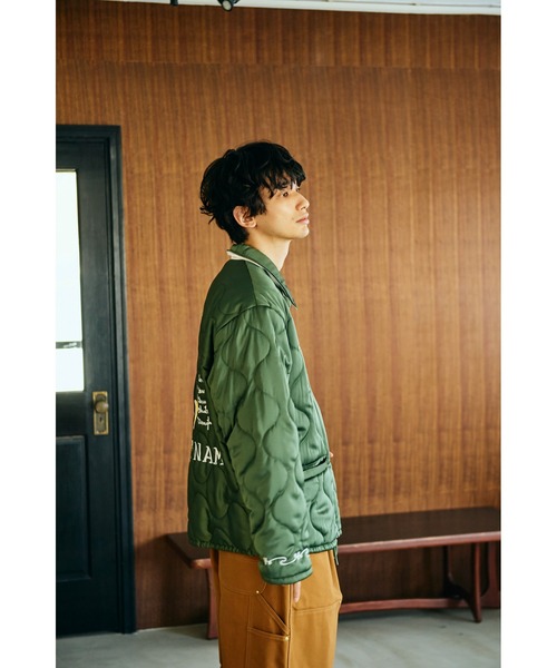 KAPITAL ヤシの木 スカジャン 縦ストライプ オリーブ L Canvas Drunken-Stripe Cactus Coverall Jacket - Green