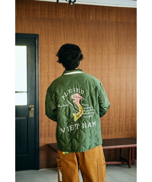 KAPITAL ヤシの木 スカジャン 縦ストライプ オリーブ L Canvas Drunken-Stripe Cactus Coverall Jacket - Green