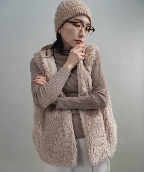 【希少】diagram フード付きフォックスファーベスト　ジレ　ブラウンベージュ ベスト ジレ ニットフード ファーベスト レディース : ZOZOTOWN Yahoo