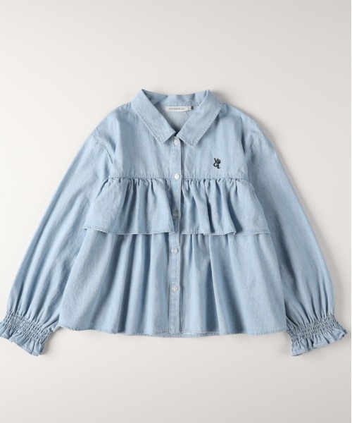 【新品未使用】フリル付き 長袖 80cm Right-on（ライトオン） ブラウス シャツ 「VIVIAN BLUE」ギャザー袖