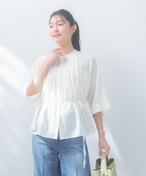 お値下げ　リネン混 半袖シャツ ブルー系　23区　新品 リネンシャツ ブラウス シャツ 半袖 「WEB/一部店舗限定」リネン混