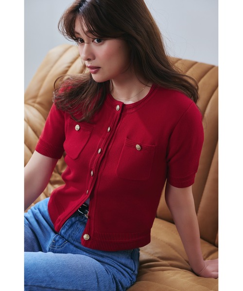 フランシュリッペ・半袖赤ニットカーディガン Her lip to カーディガン 半袖 Gold Button Knit Cardigan レディース