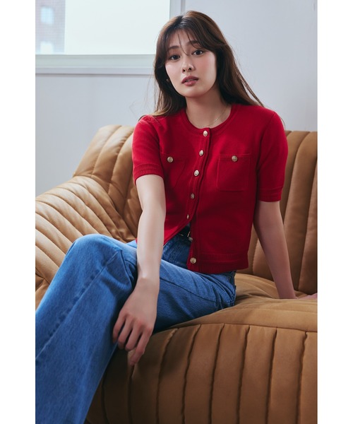 フランシュリッペ・半袖赤ニットカーディガン Her lip to カーディガン 半袖 Gold Button Knit Cardigan レディース