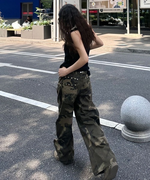 FreeZone ワイドパンツ カーゴパンツ パンク風 スタッズ カモフラ