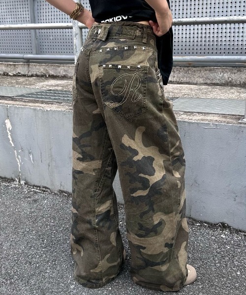 FreeZone ワイドパンツ カーゴパンツ パンク風 スタッズ カモフラ