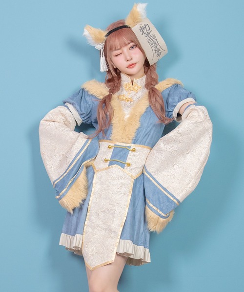 コスプレ コスプレ かわいい アニマル 狐 ふわふわ 和装 キョンシー 体型カバー Aライン 長袖 ワンピース 6点セット コンカフェ