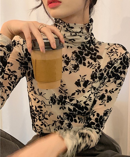 SEN TOKYO tシャツ 花柄 ハイネック シアー プルオーバー レディース