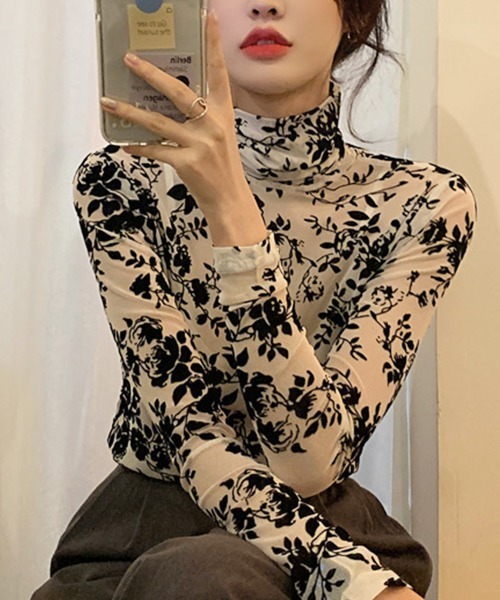 SEN TOKYO tシャツ 花柄 ハイネック シアー プルオーバー レディース