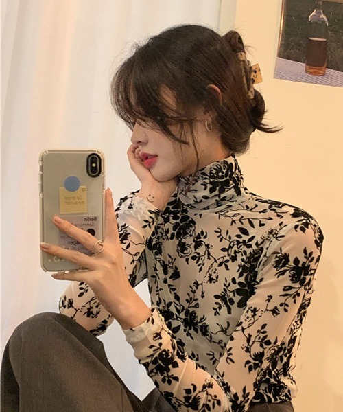 SEN TOKYO tシャツ 花柄 ハイネック シアー プルオーバー レディース