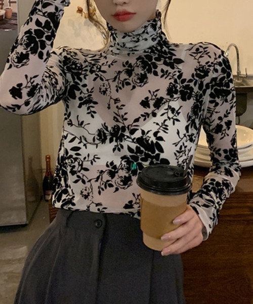 SEN TOKYO tシャツ 花柄 ハイネック シアー プルオーバー レディース