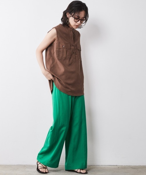 シャツ ブラウス 大きいサイズ レディース レーヨン麻アウトポケット ノースリーブ シックス タイル 夏 6L/8L/10L ニッセン nissen レーヨン麻アウトポケットシャツ＜大きいサイズ有＞シック