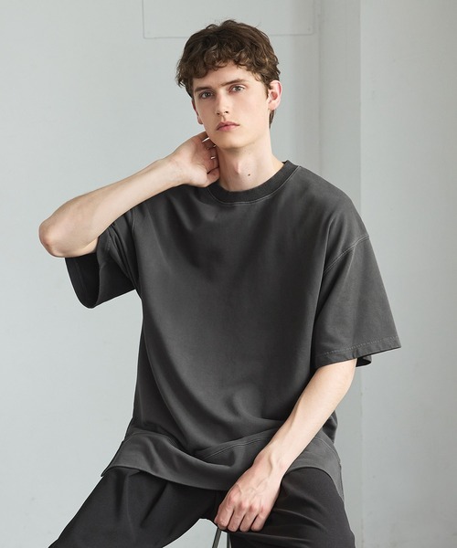 STONE  ブラック スウェットTシャツ CTHY tシャツ サイドスリット裏毛スウェット ピグメントスウェットT