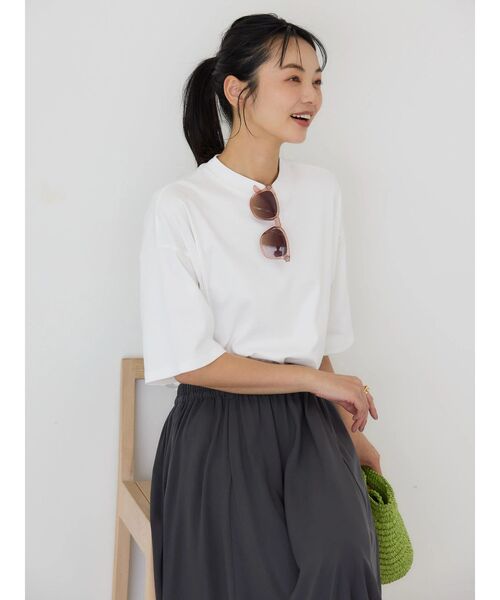 tシャツ モックネックカットプルオーバー レディース AMERICAN HOLIC tシャツ モックネック5分袖カットプルオーバー