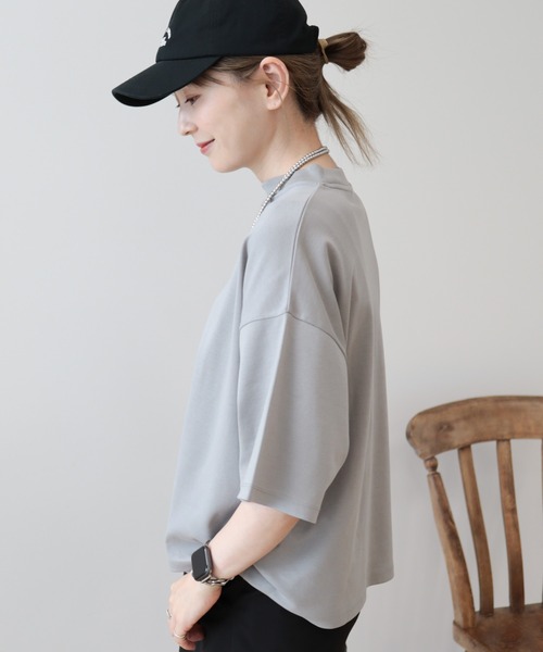 tシャツ モックネックカットプルオーバー レディース AMERICAN HOLIC tシャツ モックネック5分袖カットプルオーバー