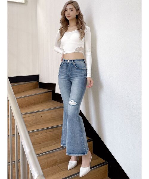 GYDA/新品/ハイウエストダメージフレアデニムパンツ/ブルーSサイズ￼￼ GYDA ジーンズ デニム デニムパンツ ハイウエストダメージフレア