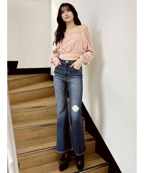 GYDA ジーンズ デニム デニムパンツ ハイウエストダメージフレア