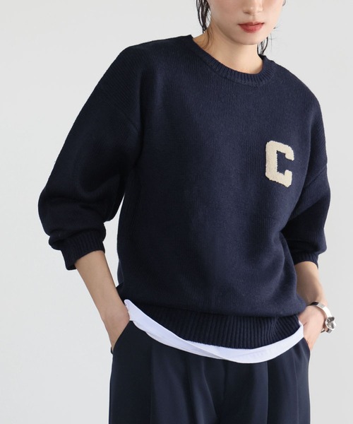 ニット セーター イニシャルロゴ刺繍ニットプルオーバー レディース