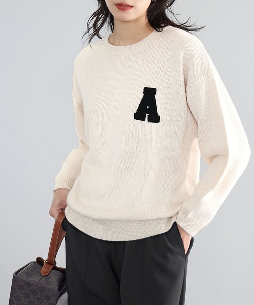 エルフランク ELFRANK イニシャルロゴ刺繍ニットプルオーバー （アイボリーブラック） ELFRANK ニット セーター イニシャルロゴ刺繍ニットプルオーバー