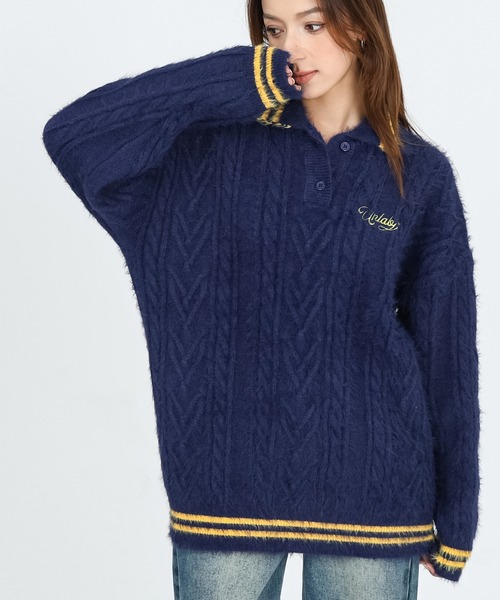 ニット セーター college color scheme shaggy cable knit レディース