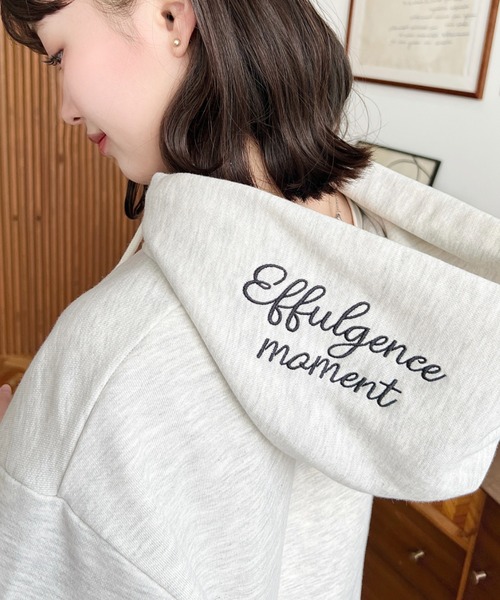 moment+ パーカー 裏毛袖ワンポイントフードロゴ刺繍パーカー