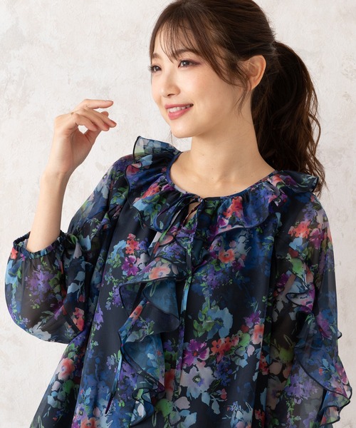 【ローズティアラ 】フリル花柄ブラウス 46新品未使用 Rose Tiara（ローズティアラ） ブラウス シャツ フラワーフリル