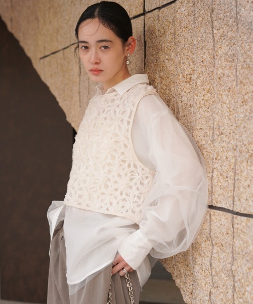 BAB ブラウス シャツ チュールレイヤード シアーシャツ