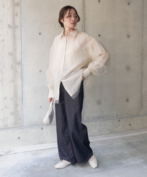 BAB ブラウス シャツ チュールレイヤード シアーシャツ