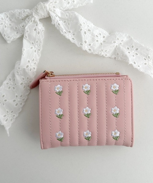 ひまわり刺繍 二つ折り財布 ピンク 刺繍革財布『すみれ』WhiteCreem ×3色（牛革）☆二つ折りミニ