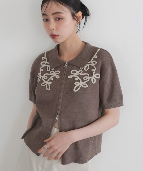 LIAN ニット セーター コード刺繍半袖ポロニット レディース