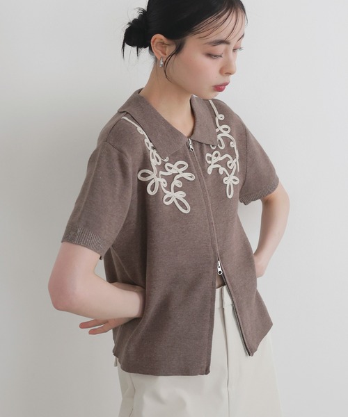 ニット セーター コード刺繍半袖ポロニット レディース LIAN ニット セーター コード刺繍半袖ポロニット レディース