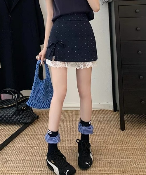 ampm スカート ポルカドット柄レースフリルリボンミニスカート
