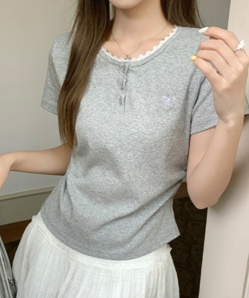 gossip!ロサンゼルス tシャツ 半袖 Y2Kガーリー レース切り替え＆刺繍