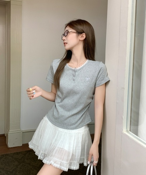 gossip!ロサンゼルス tシャツ 半袖 Y2Kガーリー レース切り替え＆刺繍