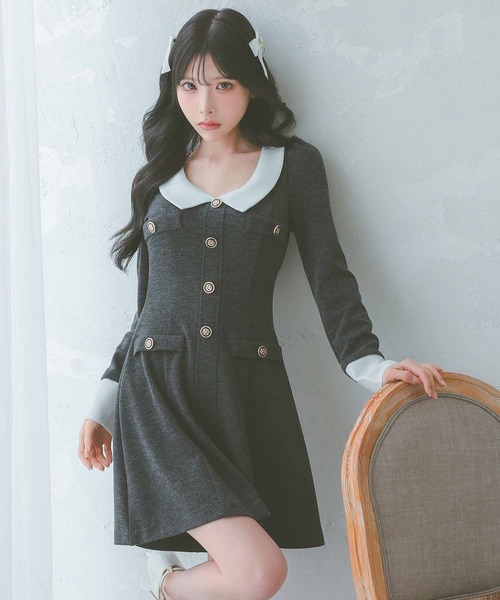 フリルミニドレス 韓国風 上品 パーティー用 レースリボン×フリルタイトミニドレス 韓国ドレス ガーリー