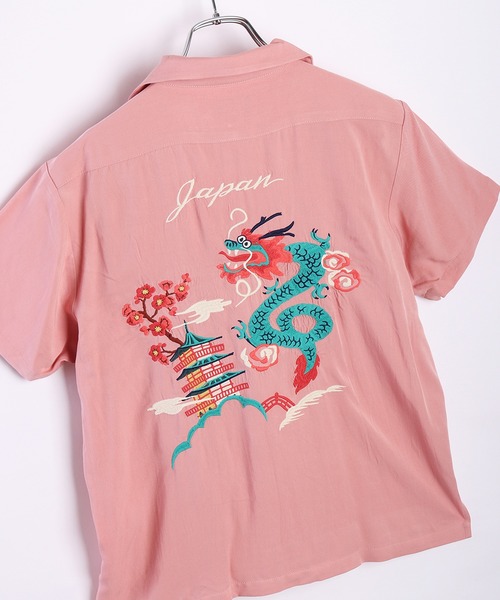 ブラウス シャツ HOUSTON 和柄刺繍 半袖 スーベニアシャツ 龍 (ドラゴン) レディース メンズ HOUSTON ブラウス シャツ 和柄刺繍 半袖 スーベニアシャツ 龍
