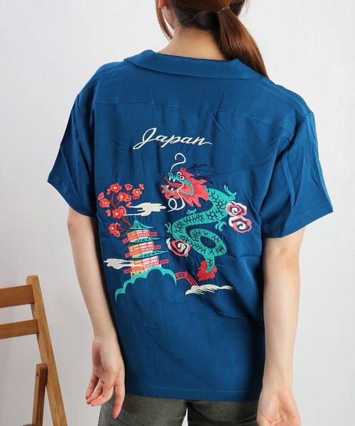 ブラウス シャツ HOUSTON 和柄刺繍 半袖 スーベニアシャツ 龍 (ドラゴン) レディース メンズ HOUSTON ブラウス シャツ 和柄刺繍 半袖 スーベニアシャツ 龍