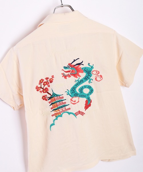 ブラウス シャツ HOUSTON 和柄刺繍 半袖 スーベニアシャツ 龍 (ドラゴン) レディース メンズ