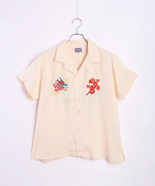ブラウス シャツ HOUSTON 和柄刺繍 半袖 スーベニアシャツ 龍 (ドラゴン) レディース メンズ HOUSTON ブラウス シャツ 和柄刺繍 半袖 スーベニアシャツ 龍
