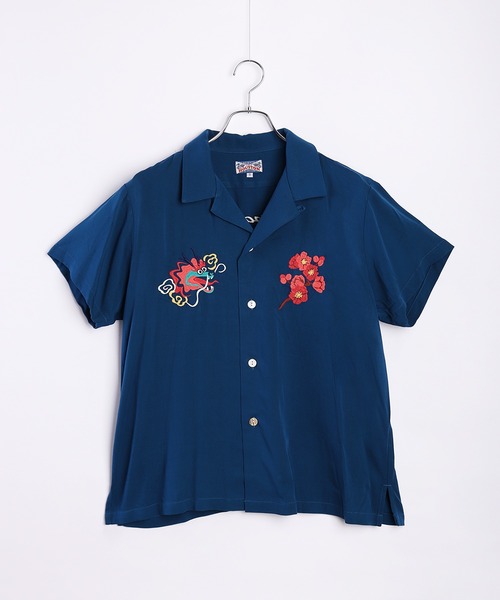 ブラウス シャツ HOUSTON 和柄刺繍 半袖 スーベニアシャツ 龍 (ドラゴン) レディース メンズ HOUSTON ブラウス シャツ 和柄刺繍 半袖 スーベニアシャツ 龍