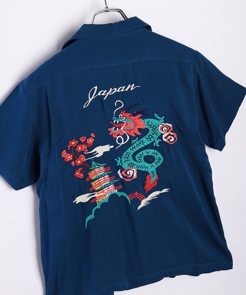 ブラウス シャツ HOUSTON 和柄刺繍 半袖 スーベニアシャツ 龍 (ドラゴン) レディース メンズ HOUSTON ブラウス シャツ 和柄刺繍 半袖 スーベニアシャツ 龍