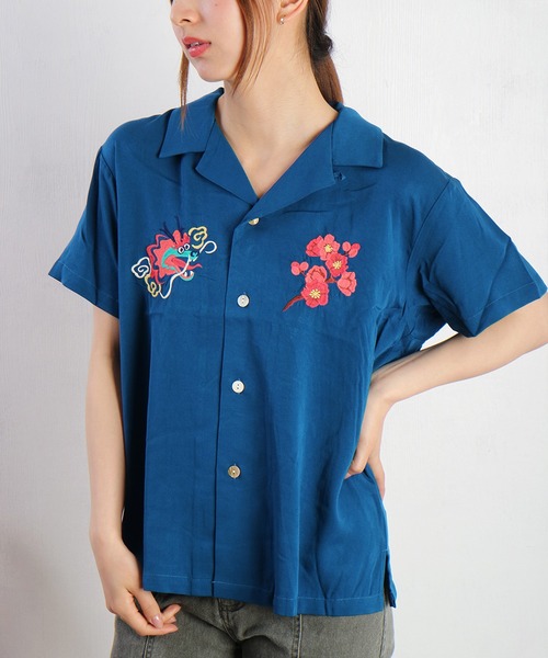 ブラウス シャツ HOUSTON 和柄刺繍 半袖 スーベニアシャツ 龍 (ドラゴン) レディース メンズ HOUSTON ブラウス シャツ 和柄刺繍 半袖 スーベニアシャツ 龍