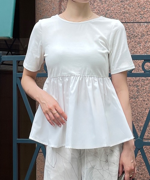 JUNOAH（ジュノア） tシャツ 半袖 薄手バックオープンコットンペプラム